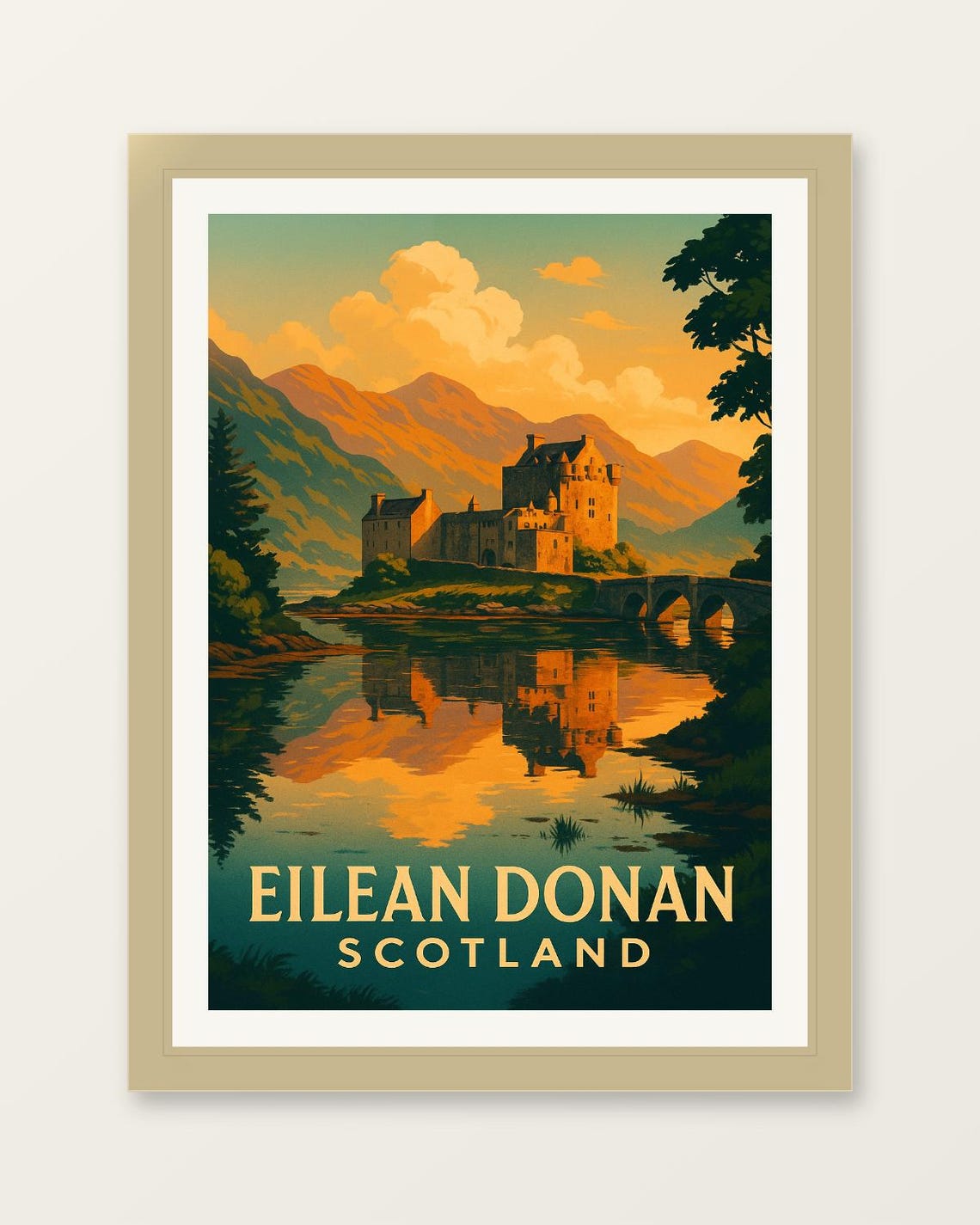 Eilean Donan Castle Scotland Golden Sunset Lake Mirror Poster