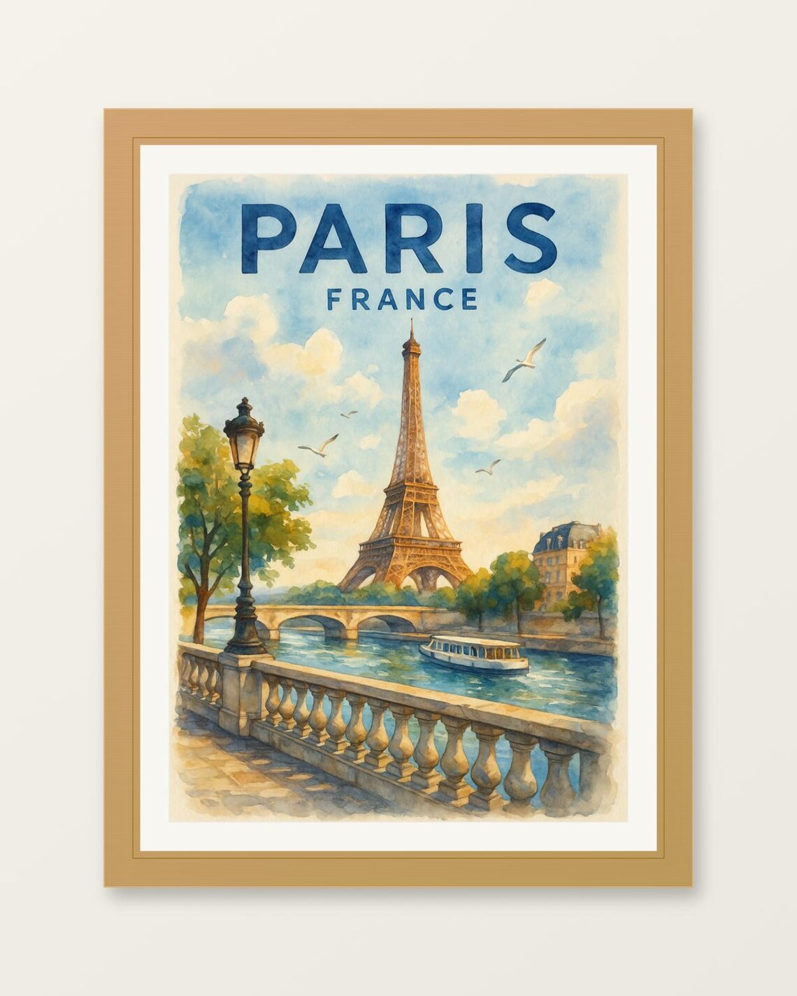 Paris France Eiffel Tower Watercolor Travel Poster with Seine Boat