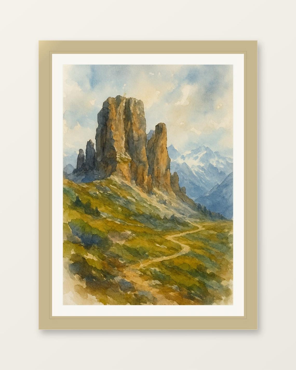 Cinque Torri Dolomite Rock Towers Italy Watercolor Landscape Poster