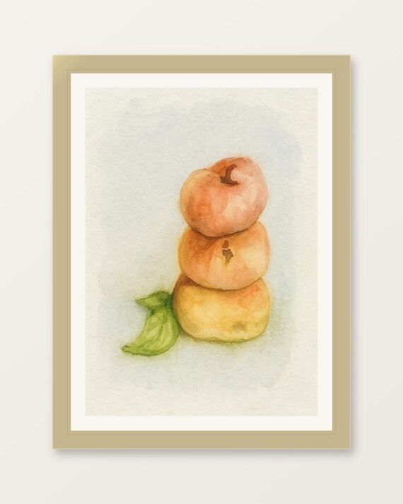 Rustic Stacked Peaches Watercolor Farmhouse Kitchen Fruit Print