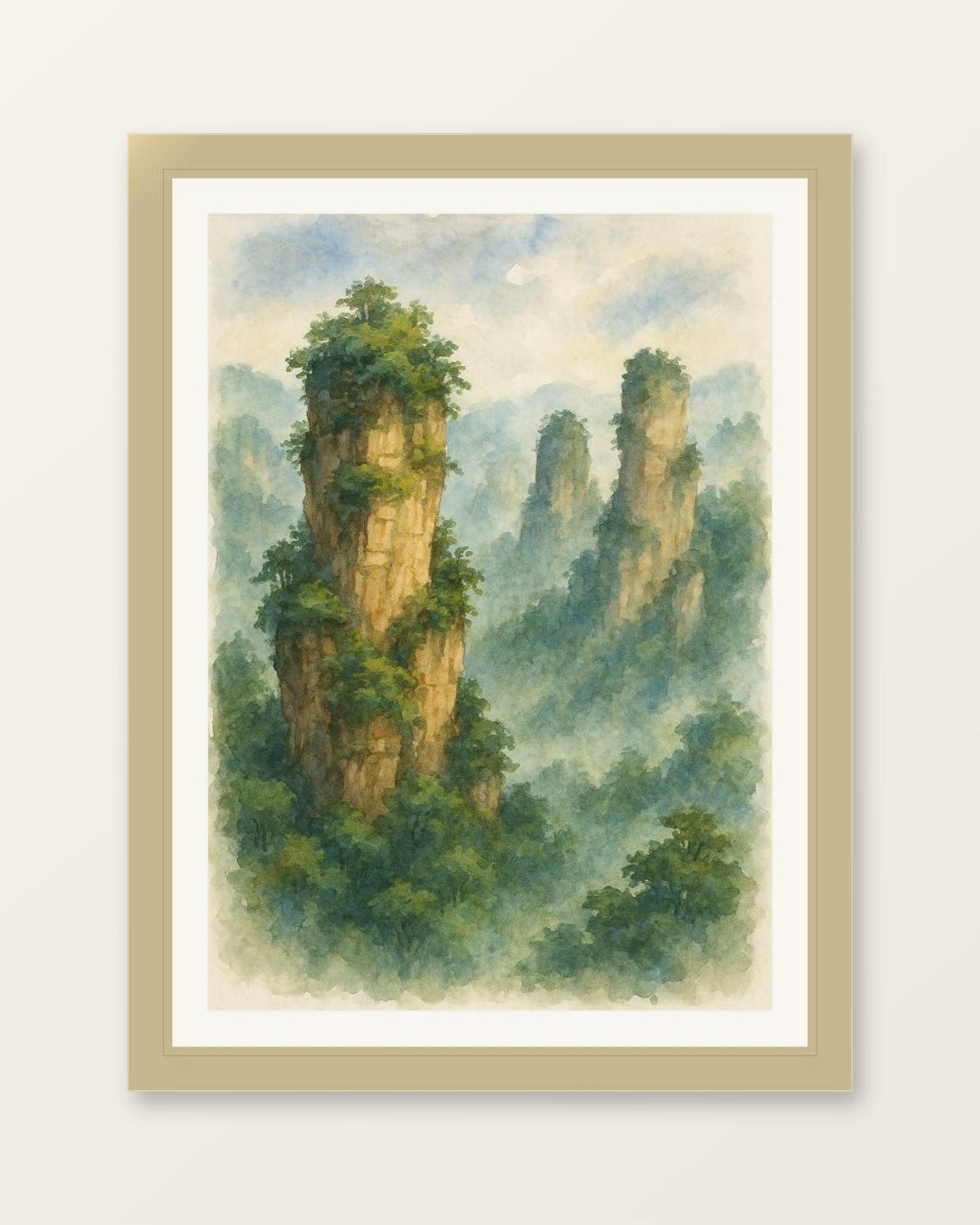 Misty Karst Stone Pillars Green Forest Watercolor Landscape Poster