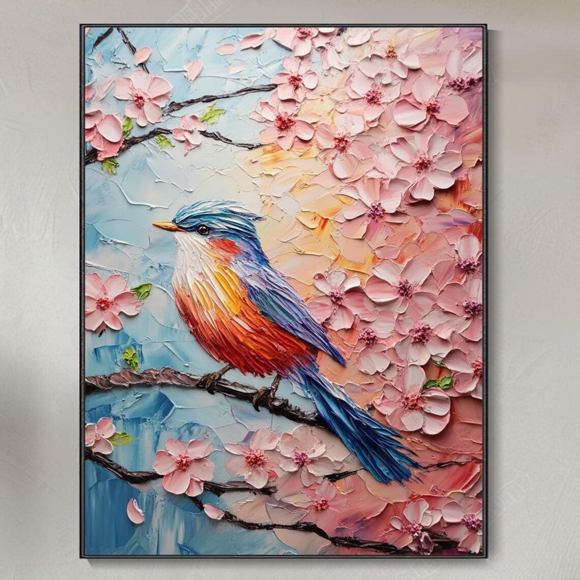 Colorful Songbird Cherry Blossom Branch Textured Modern Wall Art