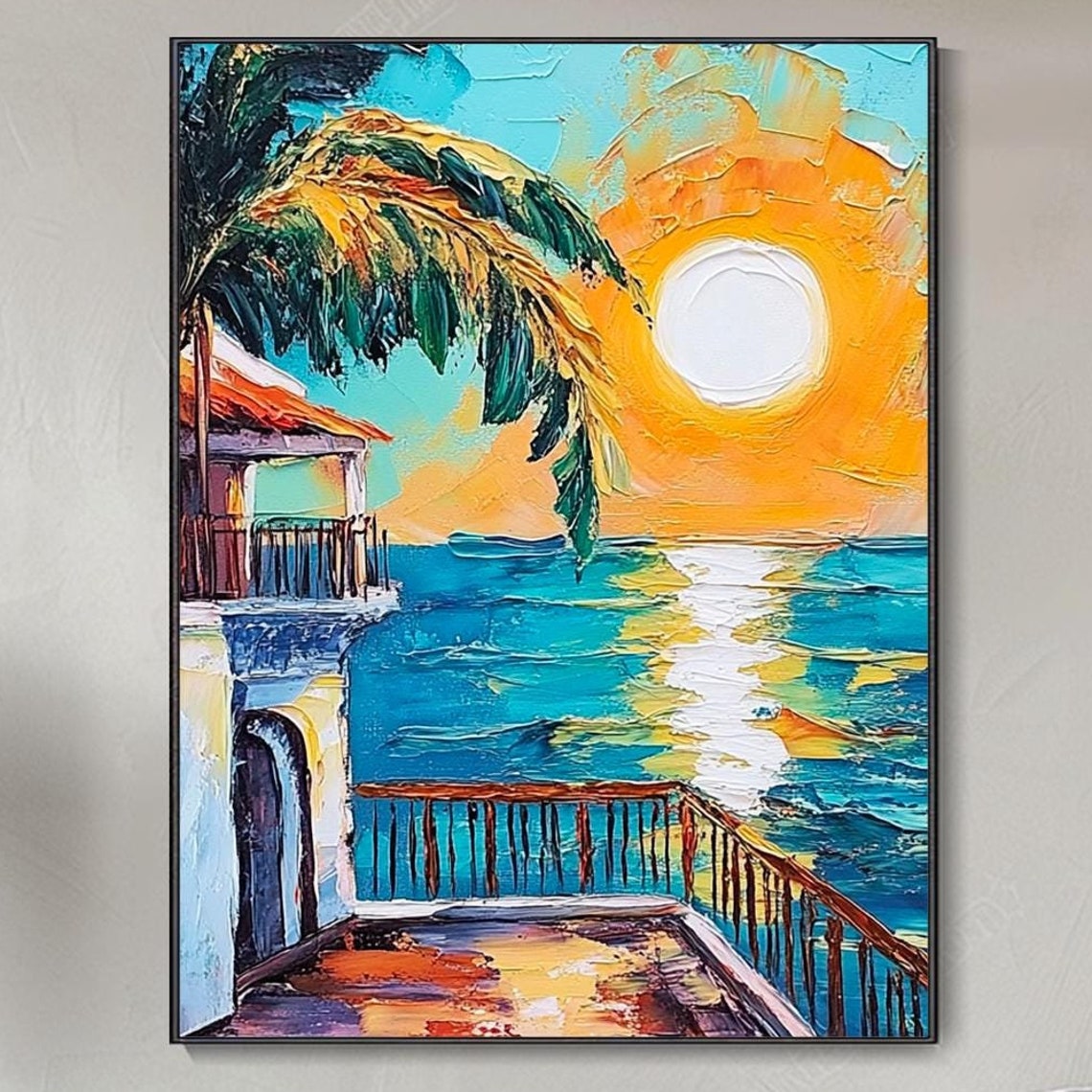 Tropical Balcony Sunset Palm Fronds Turquoise Sea Art Poster