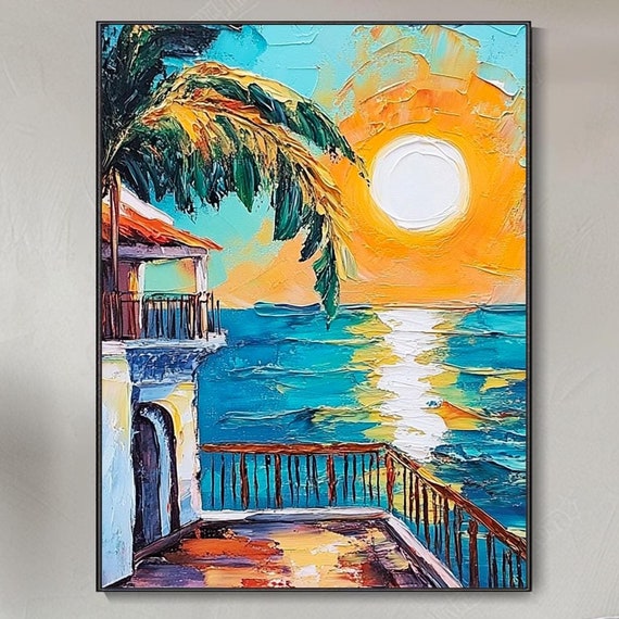 Original Vibrant Coast Art Sunrise Seascape Wall Hanging 3d Thick Texture Hand Oil Painting Creative Modern Abstract Living Room