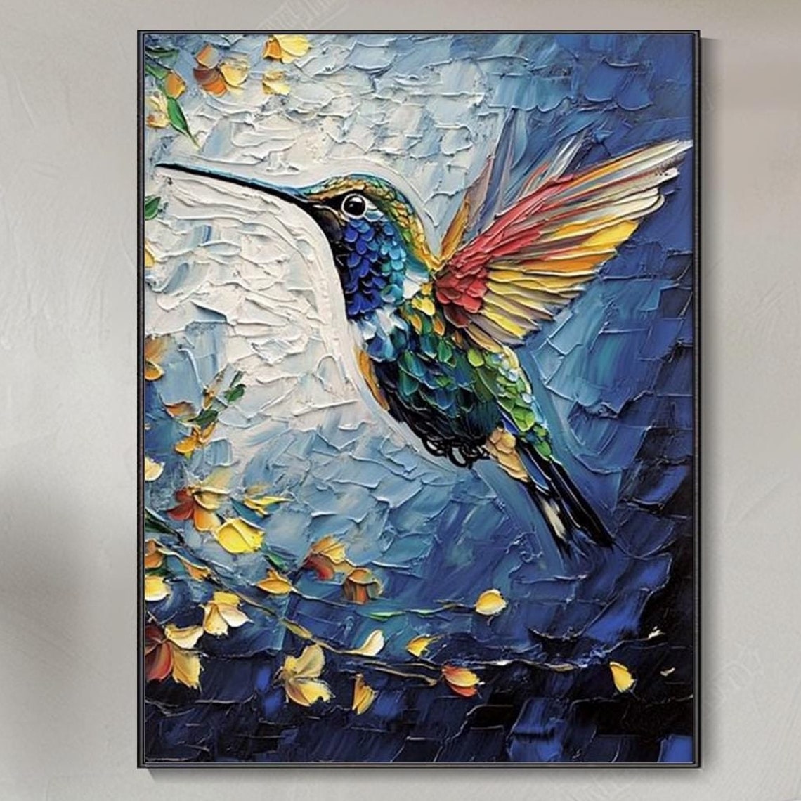 Colorful Hummingbird in Flight Blue Background Floral Art Poster