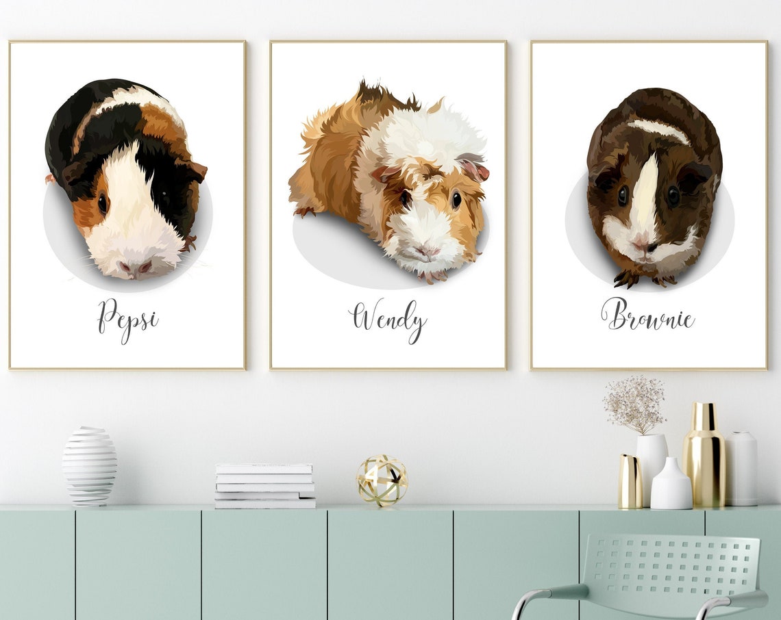 Custom Three Guinea Pig Portraits Trio Gallery Wall Gift Poster