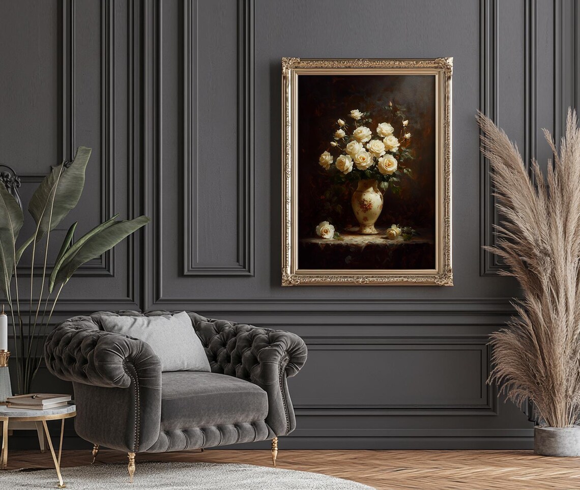 White Roses In Vintage Porcelain Vase Moody Floral Oil Painting Poster - Image 3