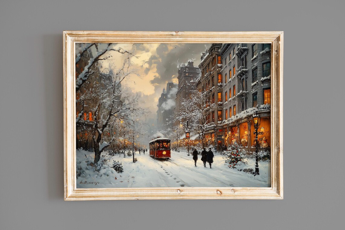 Snowy City Street with a Red Tram at Dusk Winter Painting Poster - Image 6