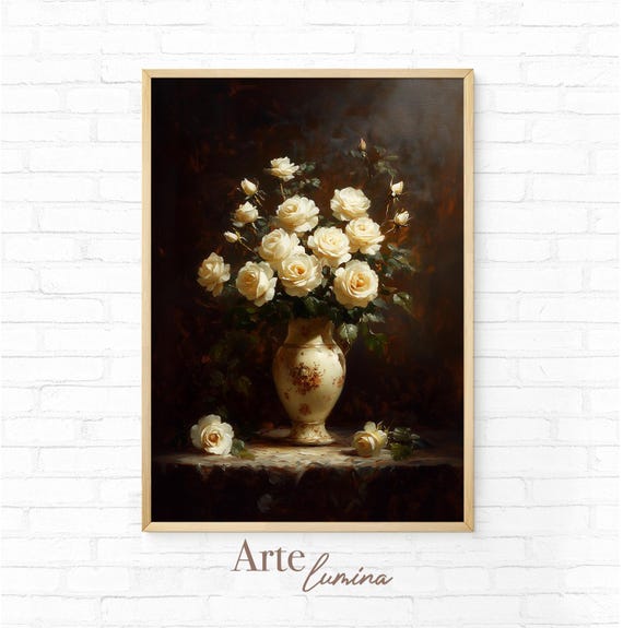 Roses In Vintage Vase Still Life Oil Painting 17th Century Art Moody Antique Style Print 30