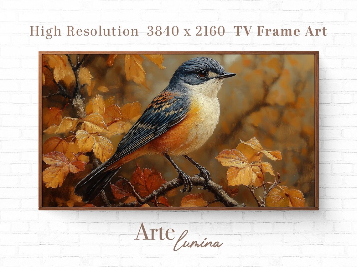 Blue And Orange Songbird On Autumn Branch Among Golden Leaves Poster