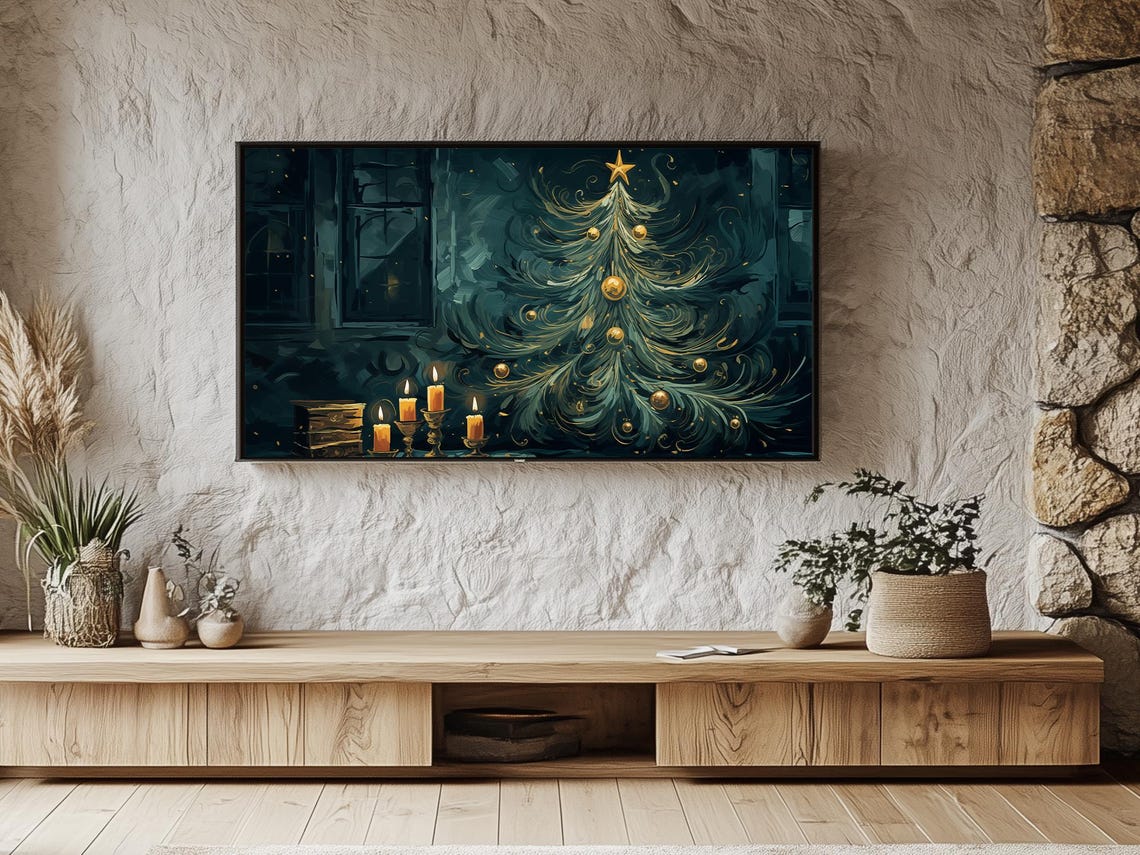 Swirling Midnight Christmas Tree with Glowing Gold Star Poster - Image 2
