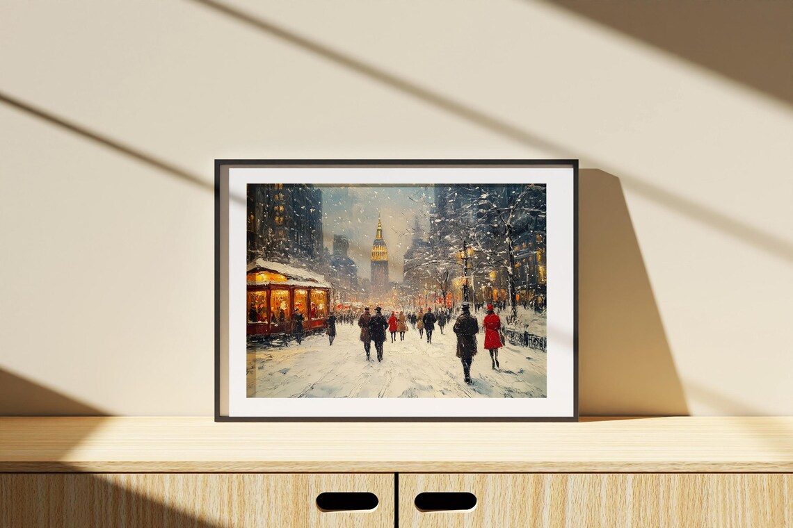Snowy Vintage City Street With Glowing Tower Trolley And Crowds Poster - Image 6