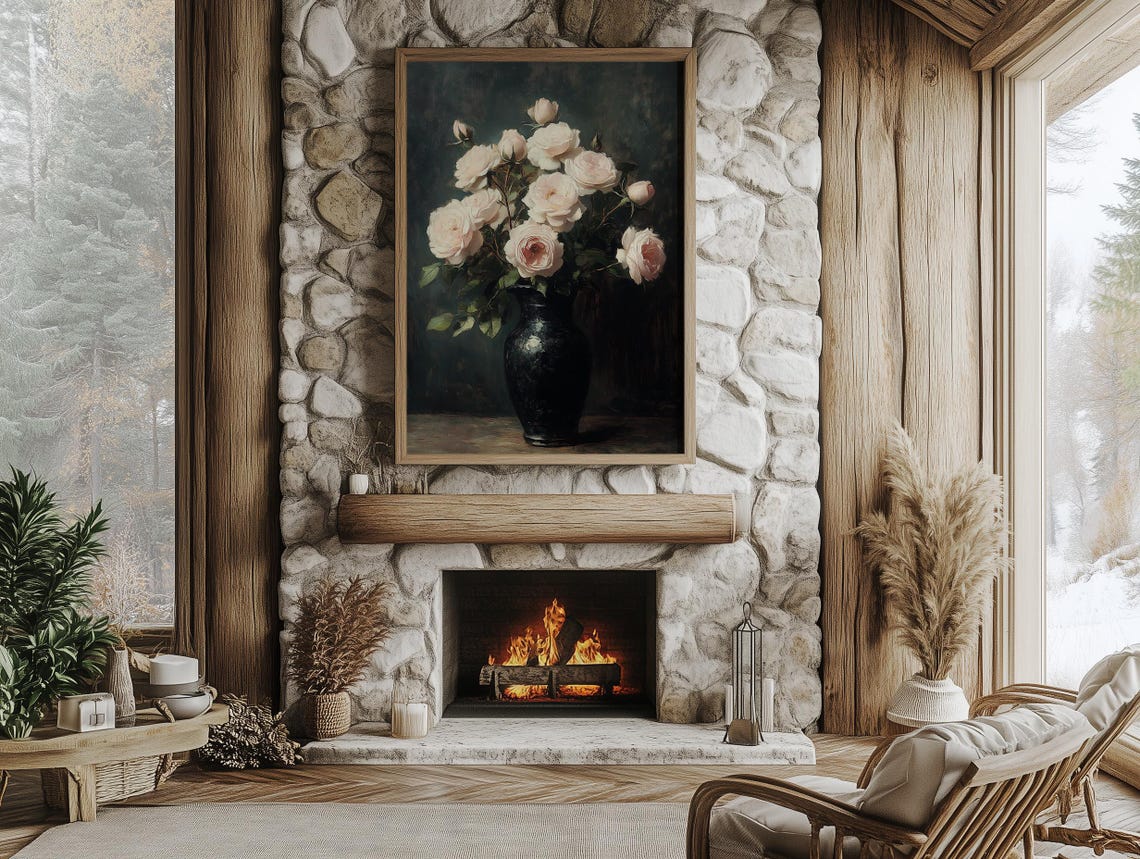 Pale Blush Roses in a Dark Vase Moody Floral Still Life Poster - Image 5
