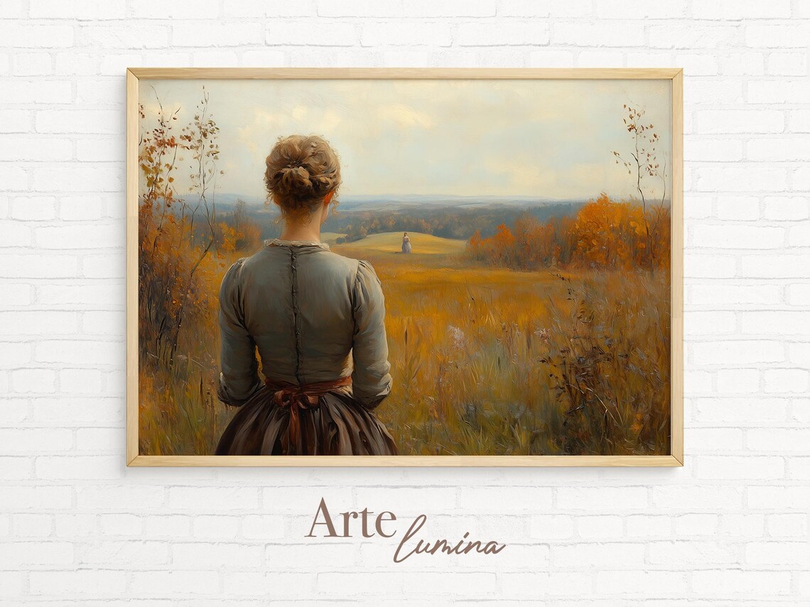 Woman Overlooking Golden Autumn Field With Distant Hill Figure Art Poster - Image 7