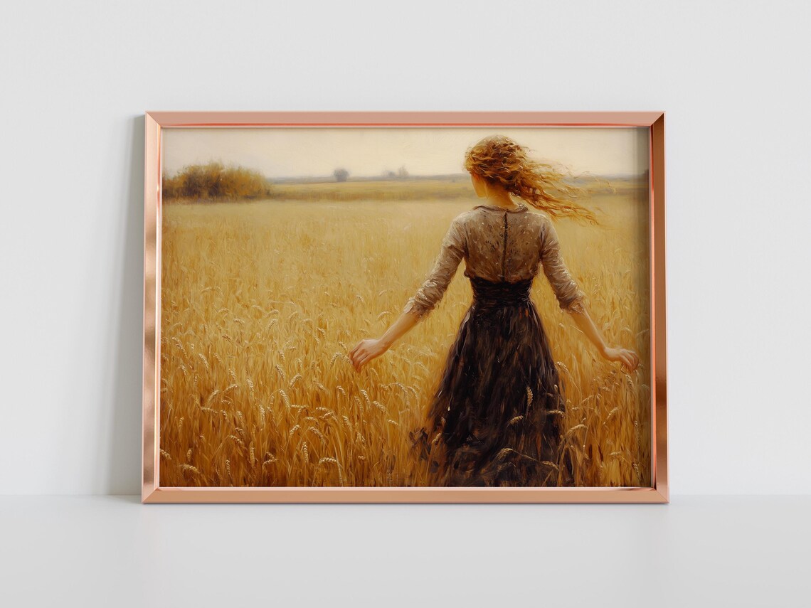 Woman In Dark Dress Amid Golden Wheat Field Windswept Vintage Art Poster - Image 2