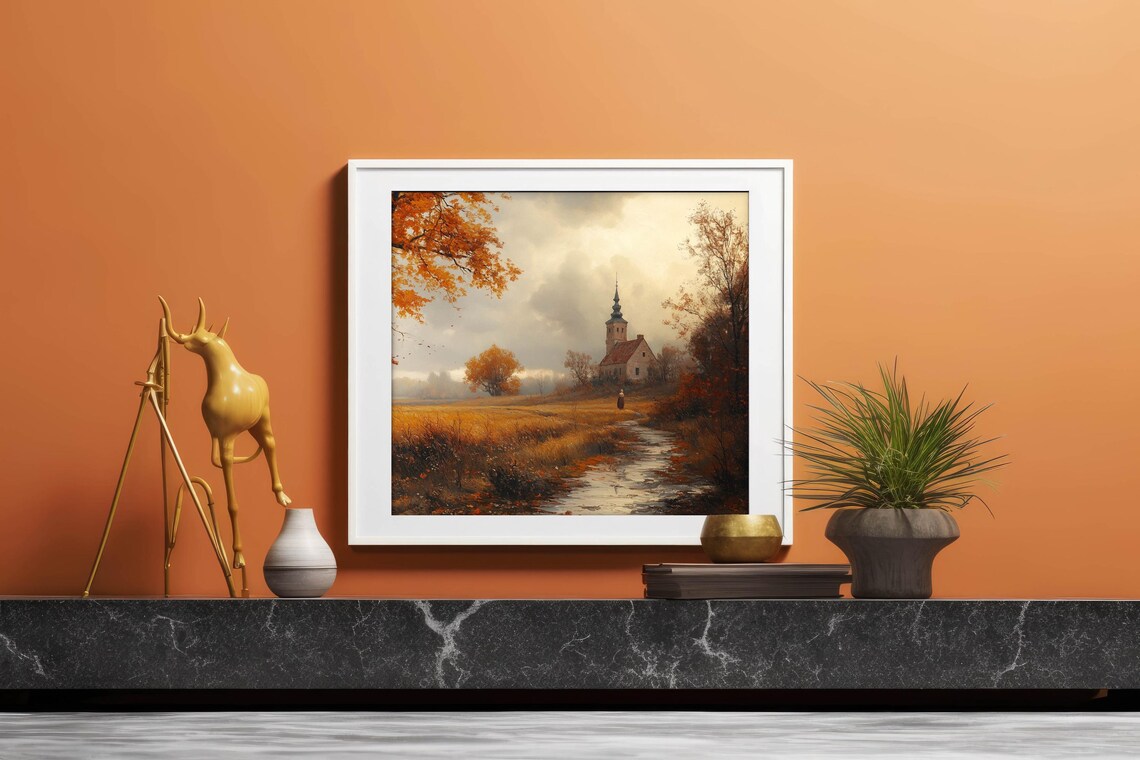 Autumn Country Lane With Church Steeple And Lone Figure Vintage Poster - Image 4
