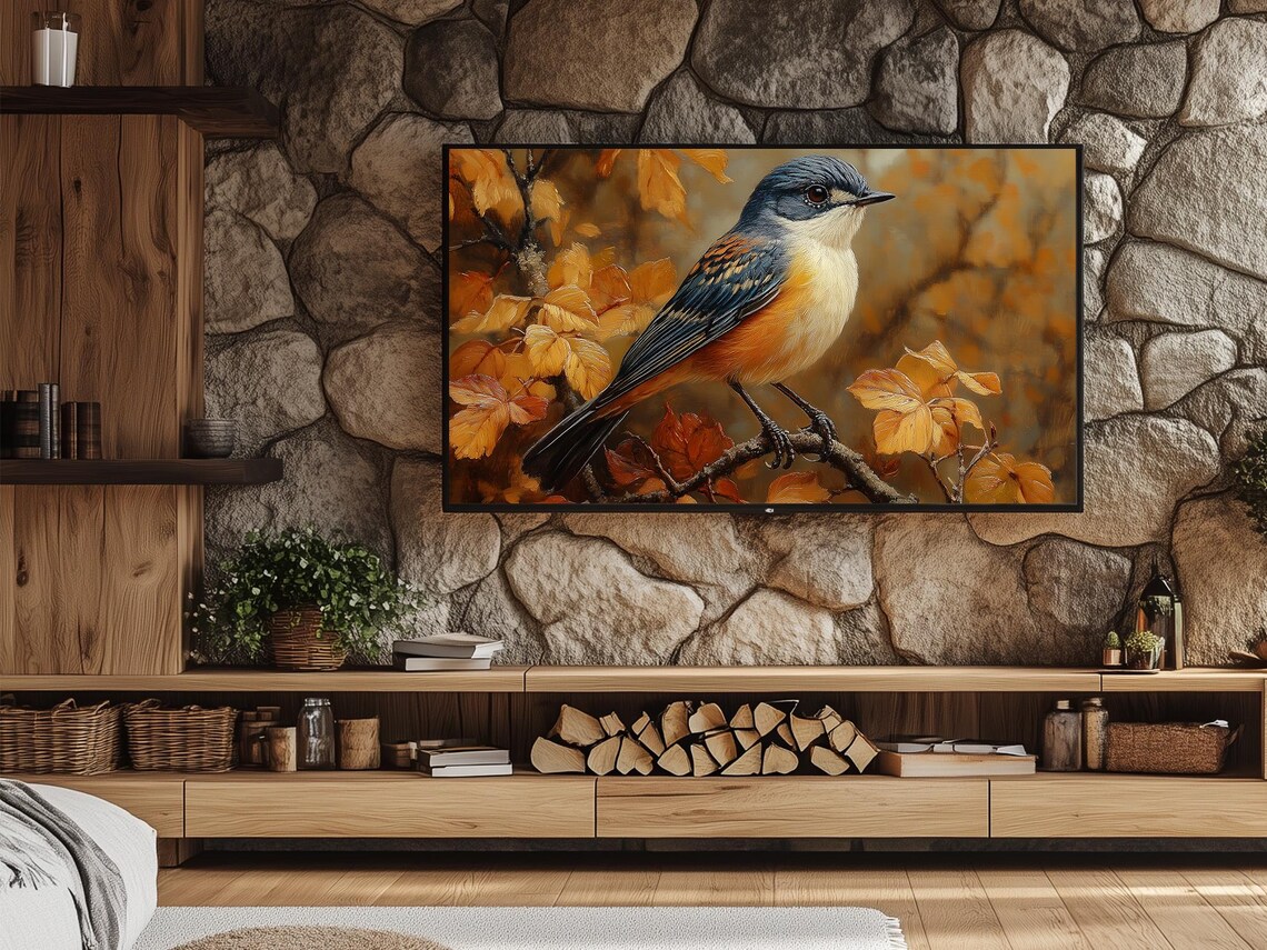 Blue And Orange Songbird On Autumn Branch Among Golden Leaves Poster - Image 3