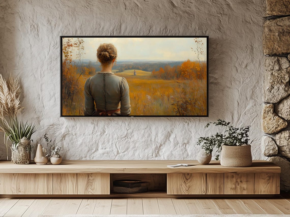 Woman Gazing Over Golden Autumn Field With Distant Figure Poster - Image 3