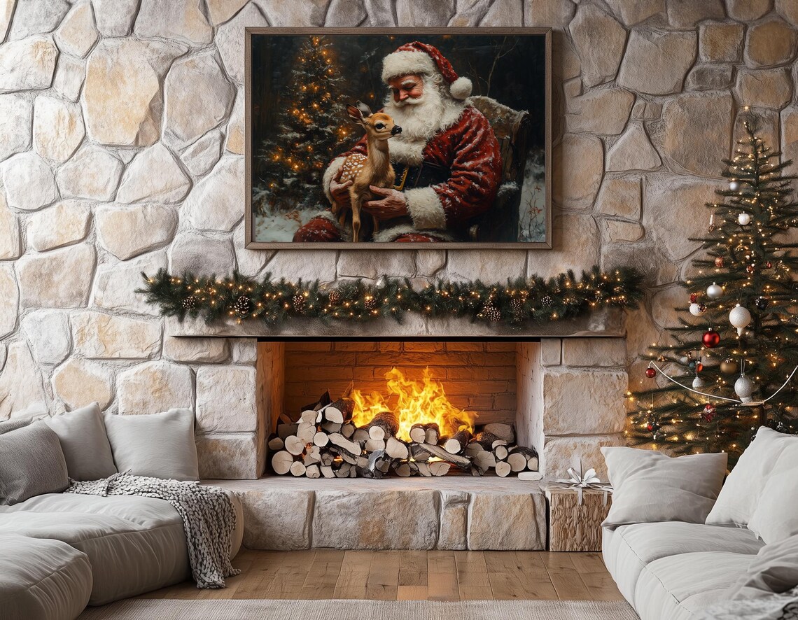Santa Claus Holding Baby Deer Christmas Night Scene Painting Poster - Image 6