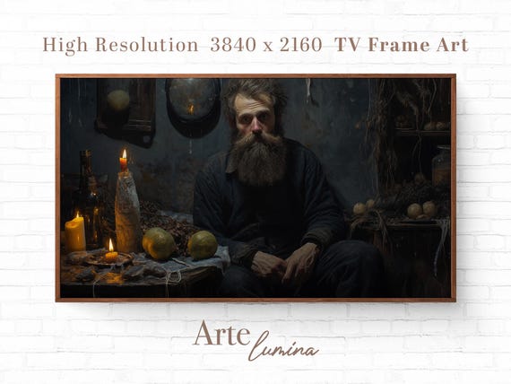 Frame Tv Art Rustic Candlelight Portrait Of Bearded Man In Dark Room Moody Oil Painting Style Cozy Farmhouse Decor Art 22
