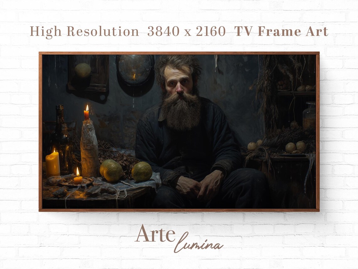 Bearded Man By Candlelight In Dark Rustic Room Moody Oil Painting Poster