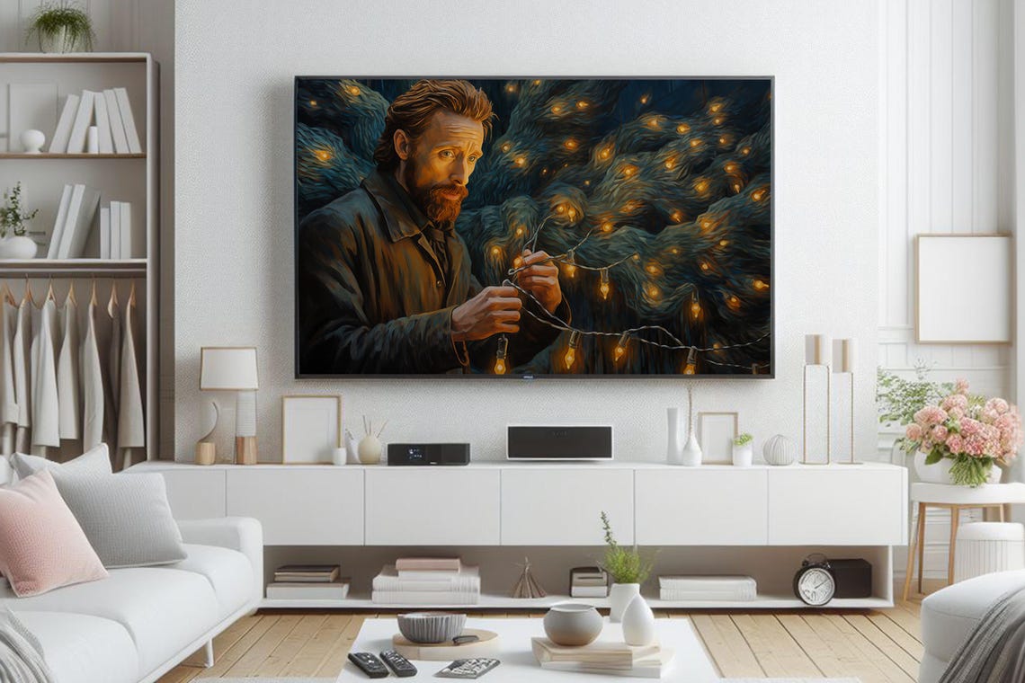 Father Hanging Christmas Lights on the Tree Holiday Art Poster