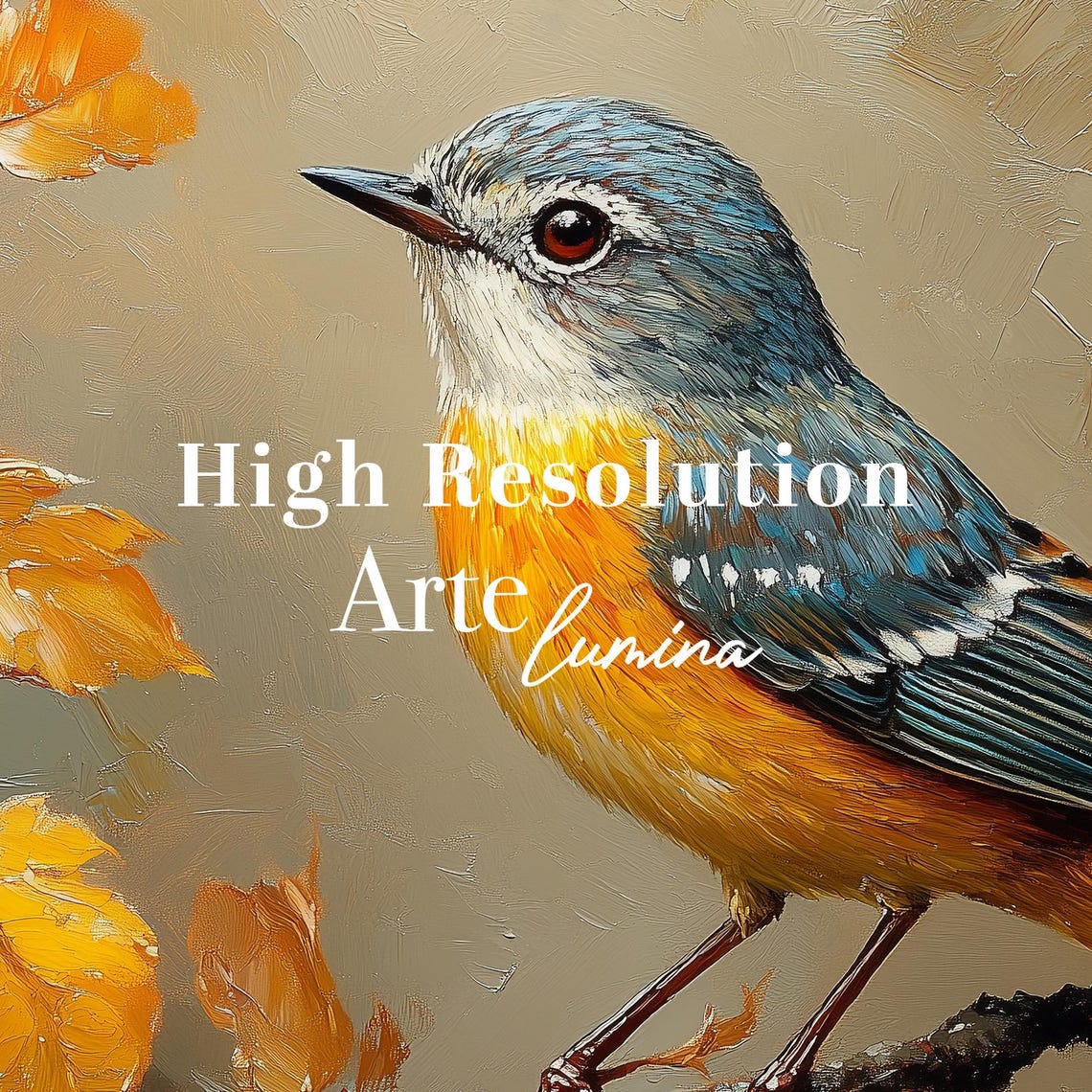 Orange Breasted Songbird On Branch With Autumn Leaves Oil Style Poster - Image 6