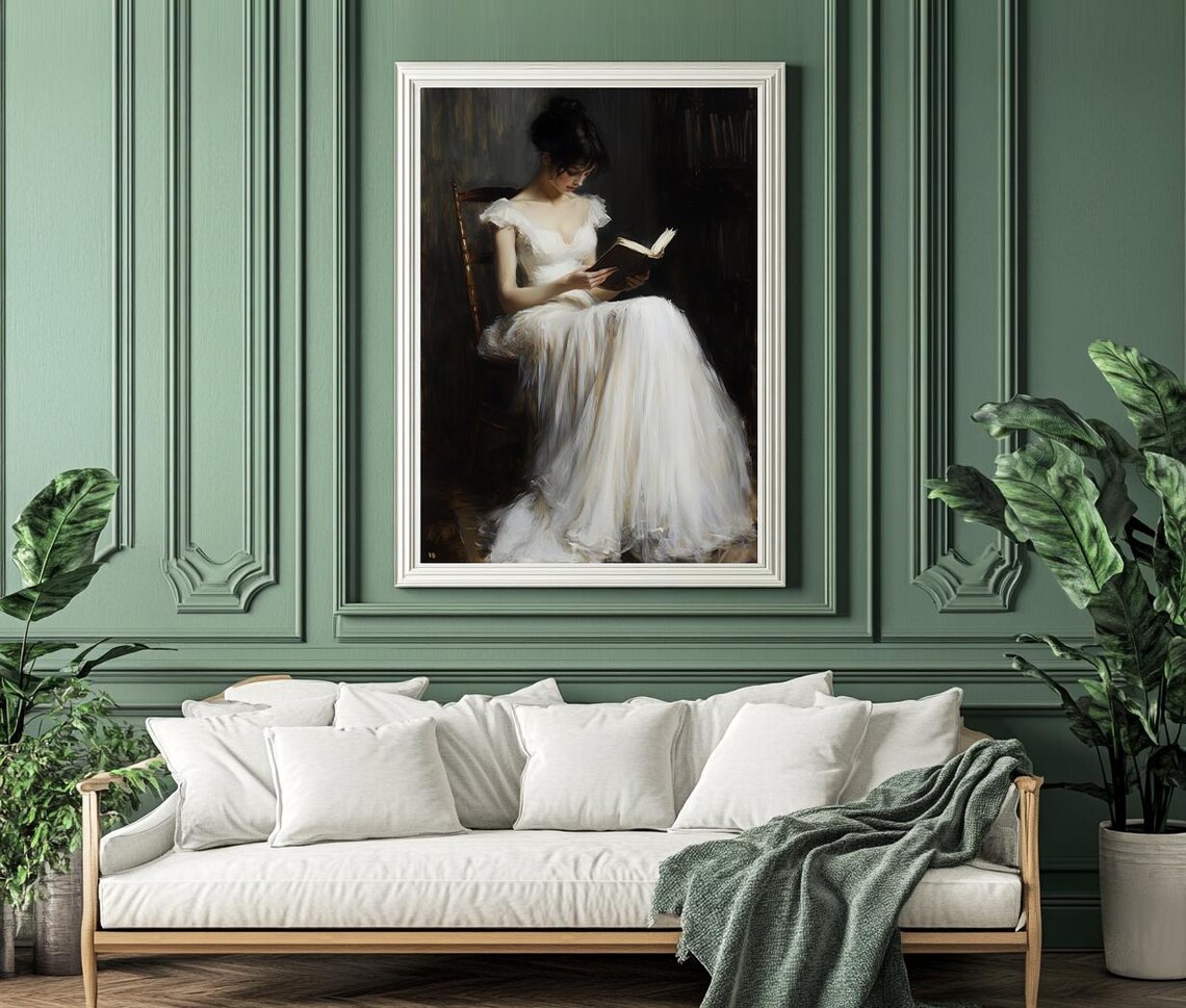 Graceful Woman Reading a Book in a Flowing White Gown Art Poster - Image 7
