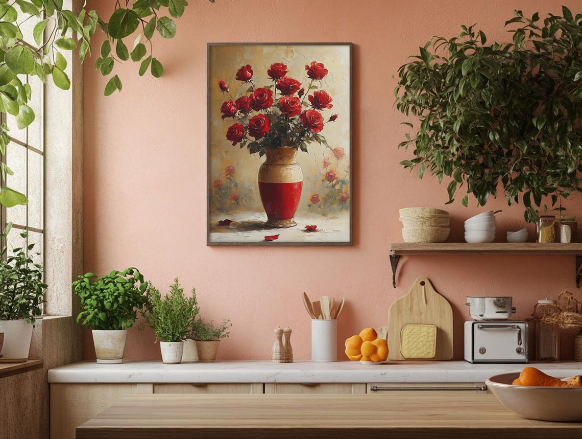 Bold Red Roses in a Red and Gold Vase Floral Still Life Poster - Image 3
