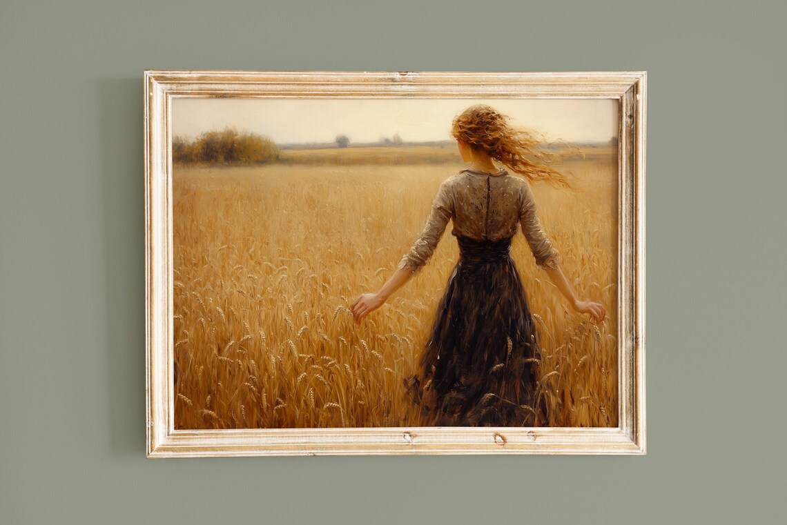 Woman In Dark Dress Amid Golden Wheat Field Windswept Vintage Art Poster - Image 4