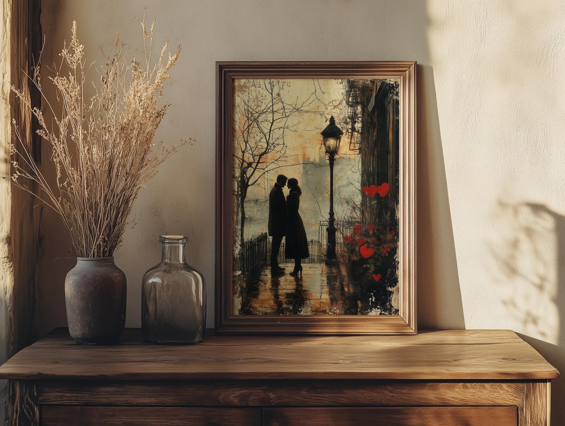 Romantic City Lovers Kiss on a Rainy Lamplit Street at Night Poster - Image 4