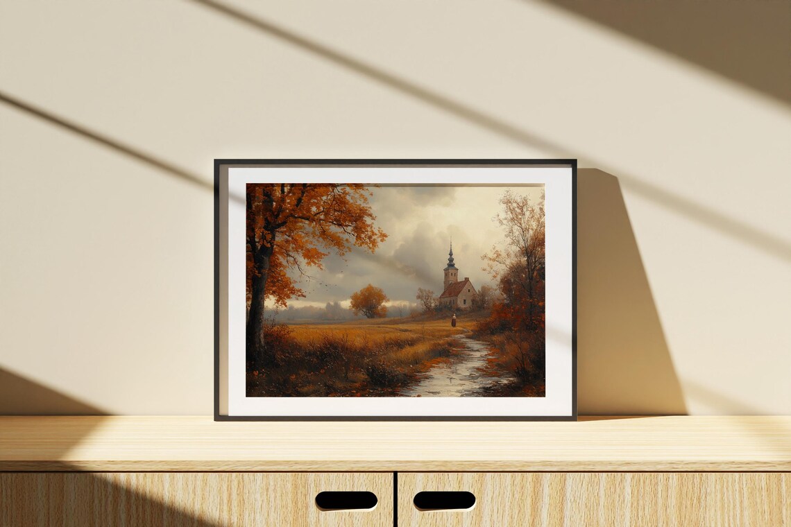 Autumn Country Lane With Church Steeple And Lone Figure Vintage Poster - Image 2