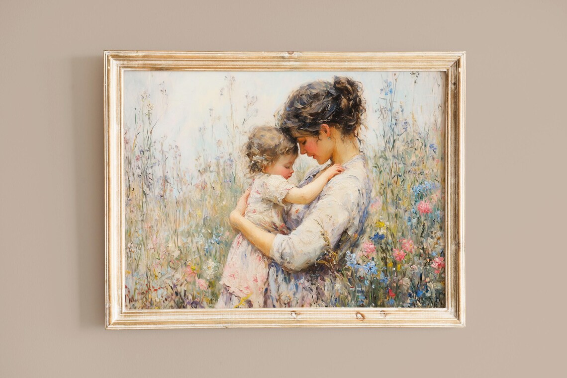 Mother Embracing Young Daughter In Blooming Wildflower Meadow Poster - Image 6