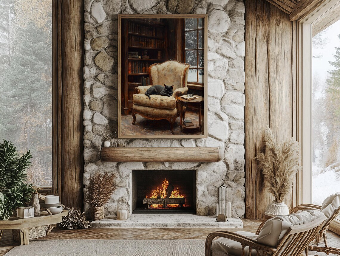 Black Cat Napping On Library Armchair By Snowy Window Vintage Art Poster - Image 2