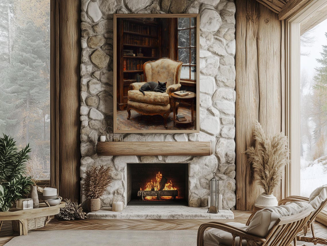 Black Cat Sleeping In Library Print Cozy Wall Art Sleeping Cat Painting Cat Wall Art Wall Decor Print 69 - Image 2