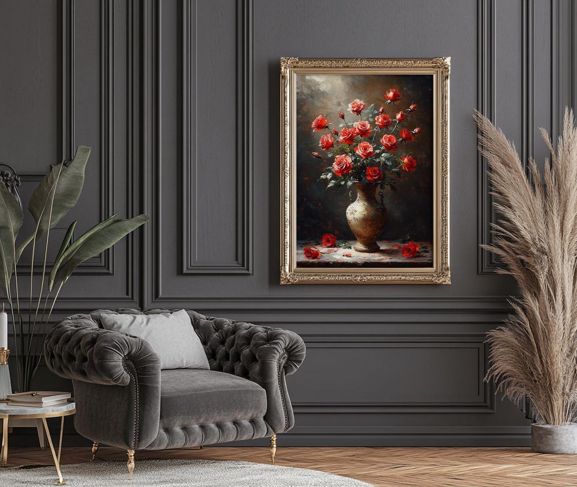 Moody Scarlet Red Roses in an Antique Gold Vase Still Life Poster - Image 5