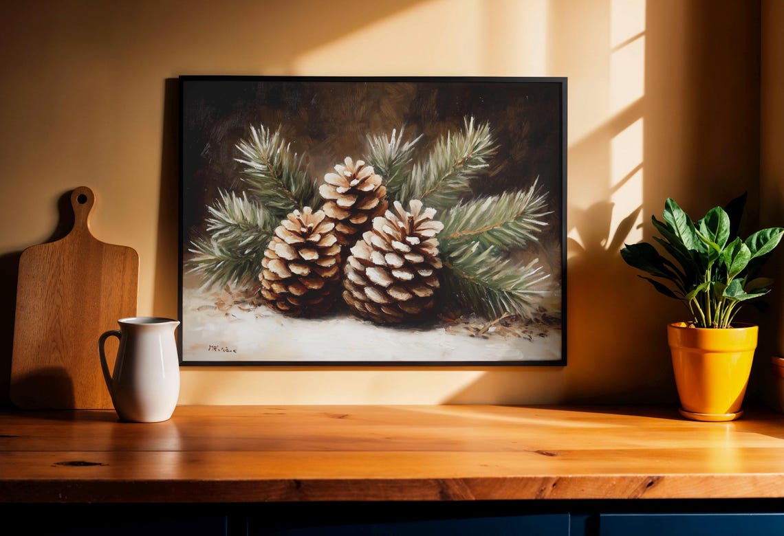 Three Pinecones with Snowy Pine Branches Winter Botanical Poster - Image 2