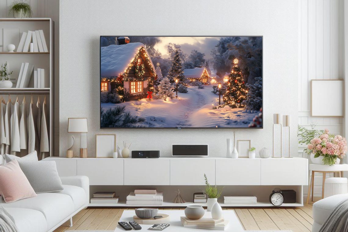 Snow Covered Christmas Cabin With Lights In Glowing Village Poster - Image 4