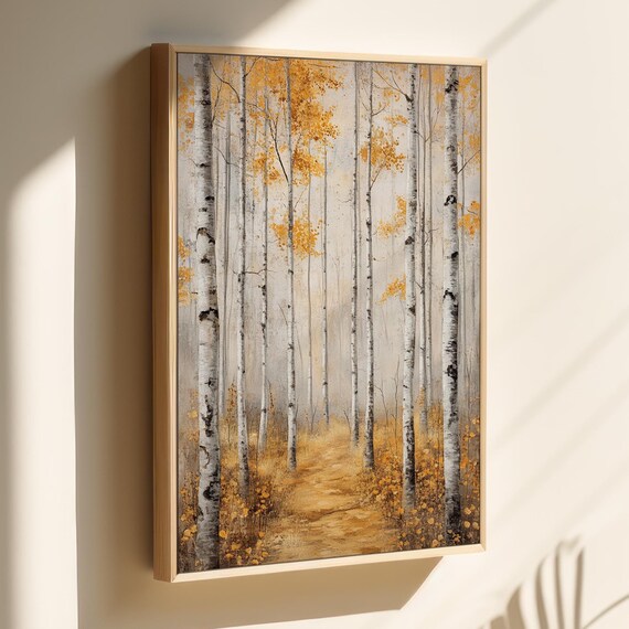 Golden Autumn Birch Forest Path Fall Landscape Painting Poster