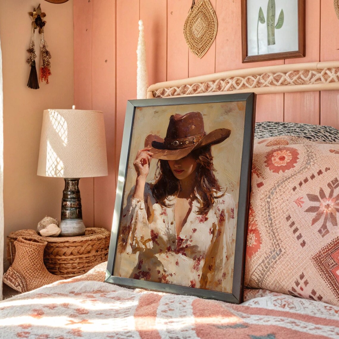 Cowgirl in Floral Dress with Hat Painterly Western Portrait Poster