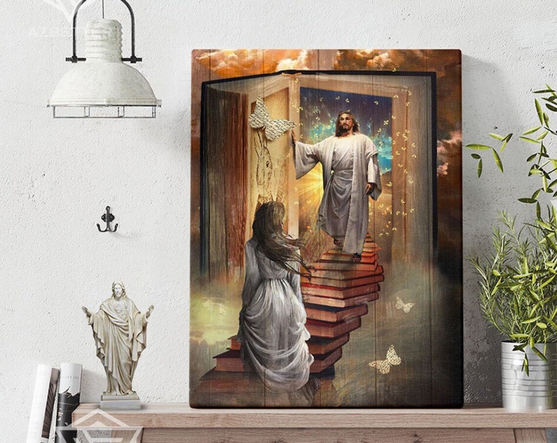 Girl Walking Up Book Stairs Toward Jesus In Heavenly Doorway Poster