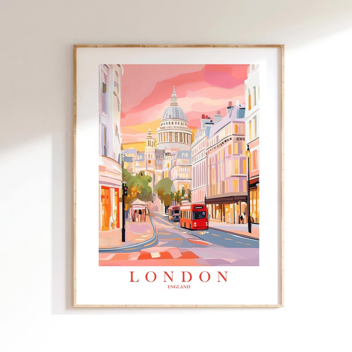 London England St Pauls Sunset Red Bus Street Scene Travel Poster