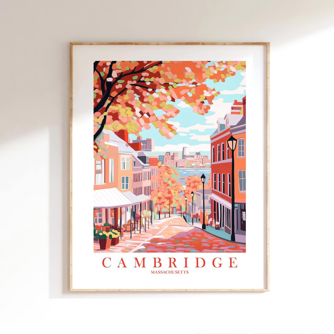 Cambridge Massachusetts Autumn Street Fall Foliage City Travel Poster