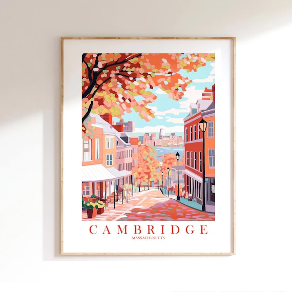 Cambridge Massachusetts Autumn Street Fall Foliage City Travel Poster