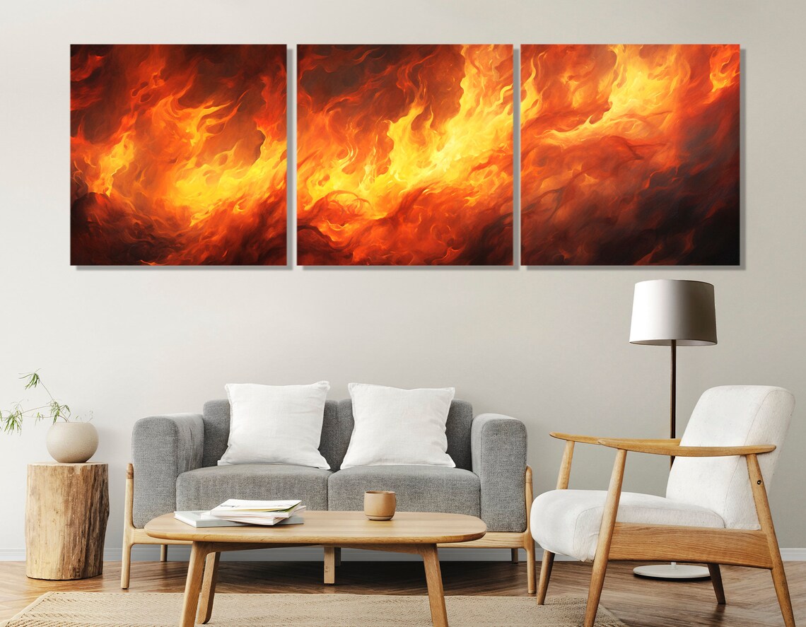 Large Fire Print Panoramic Wall Art Livingroom Decor Firefighter Gift Abstract Fire Painting Framed And Ready To Hang - Image 4