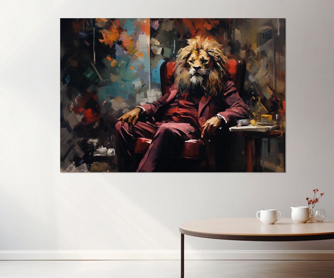 Lion In A Suit Boss Sitting In Armchair Funny Animal Portrait Art Poster - Image 3