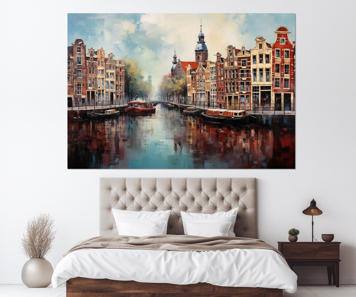 Amsterdam Canal Classic Houses Boats Church Tower Oil Painting Poster