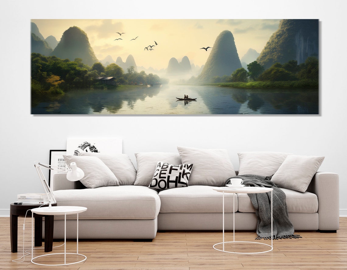 Li River Morning Karst Peaks Birds Flying Boat Reflection China Poster - Image 2