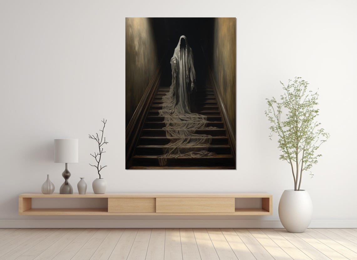 Hooded Ghost Standing On Dark Staircase Spooky Gothic Wall Art Poster - Image 3