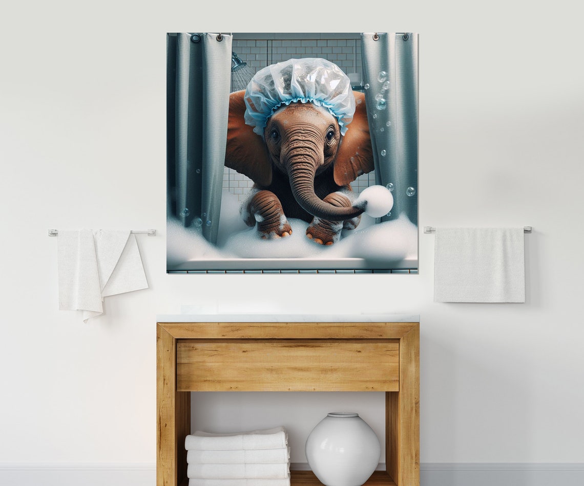 Baby Elephant With Blue Shower Cap Bubble Bath Playful Animal Poster - Image 4